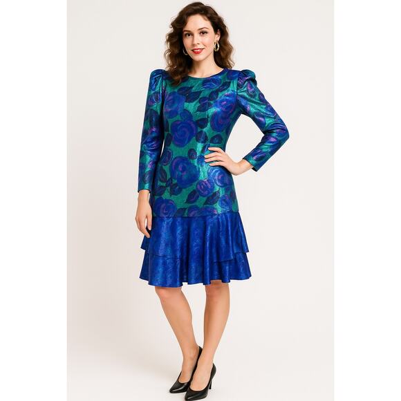 Vintage 80s Metallic Floral Party Dress Blue Green Plaza South Size 8 - Picture 1 of 8